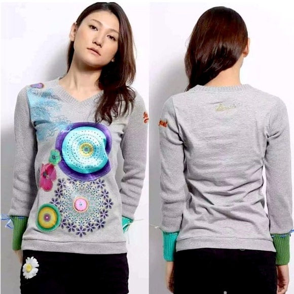 Desigual Vintage Y2K Floral Metallic Embroidered Sweater Sz. Medium - Picture 7 of 11